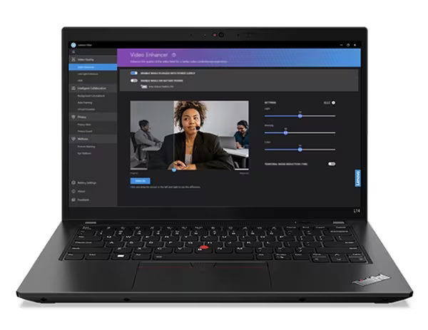 Lenovo ThinkPad L14 Gen 4 (14” AMD) laptop – front view, lid open with Video Enhancer in use on the display