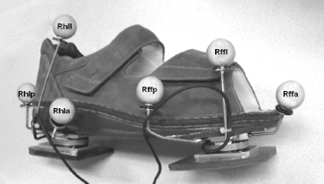 Figure 3: Sensor shoe with two miniature 6-D force plates mounted to measure ground reaction forces. For evaluation purposes some markers for motion capture are mounted as well.