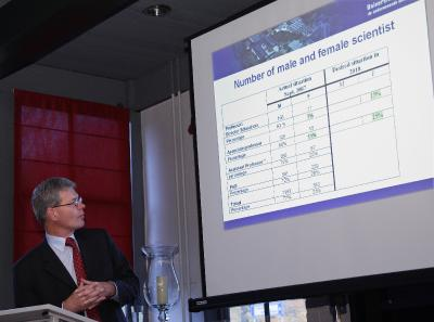 Dr. Anne Flierman, Executive Board Director of the UT, shows figures for the University of Twente, during his opening remarks at last week&#39;s FFNT conference.