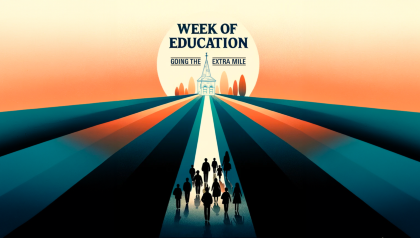 A minimalistic widescreen poster for the 'Week of Education: Going the Extra Mile' event. The design features silhouetted figures of educators, support staff, and students on a path leading towards a symbolic horizon, embodying a journey of educational progression. The poster uses a limited color palette for a modern, sophisticated look, with the event title in sleek, modern font prominently displayed at the top. The overall impression is one of clarity, simplicity, and focused educational ambition