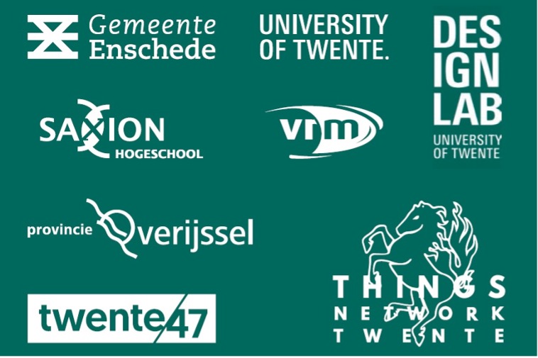 Logos municipality of Enschede, University of Twente, DesignLab University of Twente, Saxion, VRM, Province of Overijssel, Twente 47 and Things Network Twente.