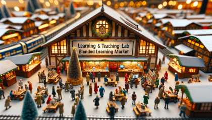 Digital artwork portraying a miniature, model-like scene of the Learning & Teaching Lab at the University of Twente, transformed into a festive German Christmas market. The market features tiny, detailed booths resembling H0 scale models, displaying an array of miniature educational technology devices. Small, painted figures with various genders and descents, styled as model train decorations, are positioned throughout, engaging with the technology exhibits. The scene is softly lit with a warm, holiday ambiance, and the edges are artistically blurred, a characteristic of tilt-shift photography, enhancing the whimsical, toy-like effect
