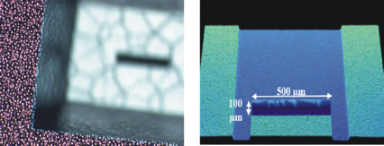 On the picture you see Wyko scan (left)) and optical microscope picture (right) of an injection slit observed from opposite sides. On top of the channel spacers (SiRN with a thickness of 400 nm) a moving glass plate under pressure seales the channel and drags the liquid at a constant velocity. Perfectly defined plugs can be injected by subsequently: a) loading the sample in the injection slit, b) injecting the sample into the channel (by displacement of the moving wall), c) replacing the sample in the injection slit by buffer, d) restarting the motion of the movable wall (the peak moves along the channel). Gradient elution is very suitable for this system because of the very short mixing times. 