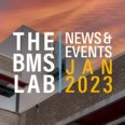 Newsletter banner with The BMS Lab on the right and News and events January 2023 on a background showing the Cubicus building on the campus.