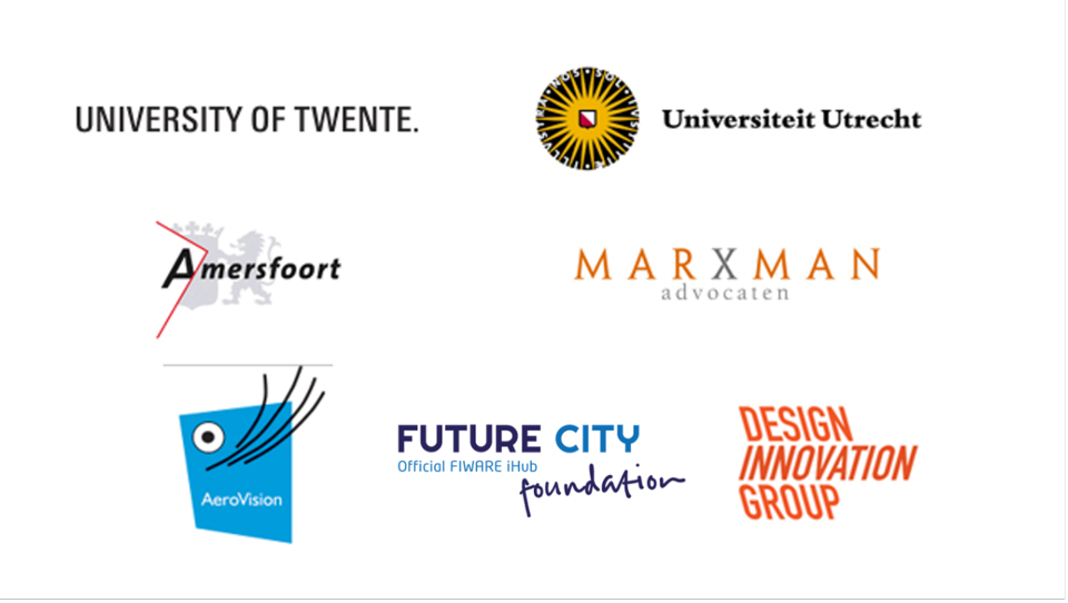 Logos of University of Twente, Utrecht University, municipality of Amersfoort, Marxman advocates, Aerovision, Future City Foundation and Design Innovation Group.