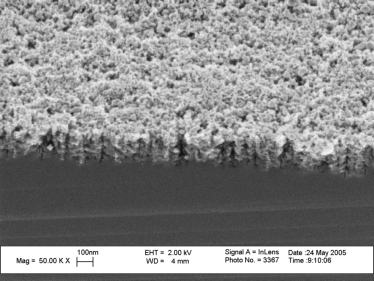 On the picture you see large surface of porous silicon observed from the side of the wafer, which was broken deliberatly. 