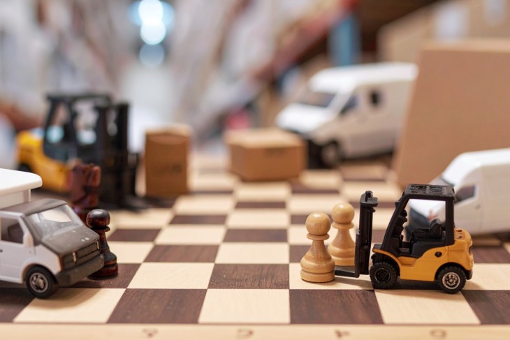 A chess board where some of the chess pieces have been turned into logistics objects