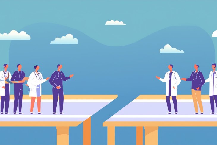 An illustration of two groups of medical professionals standing on opposite sides of a divide.