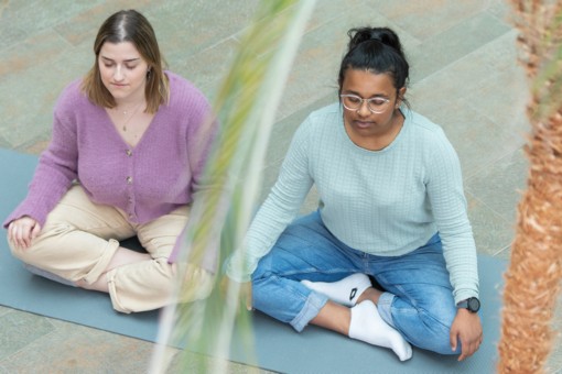 Two students sit on a yoga mat meditating.