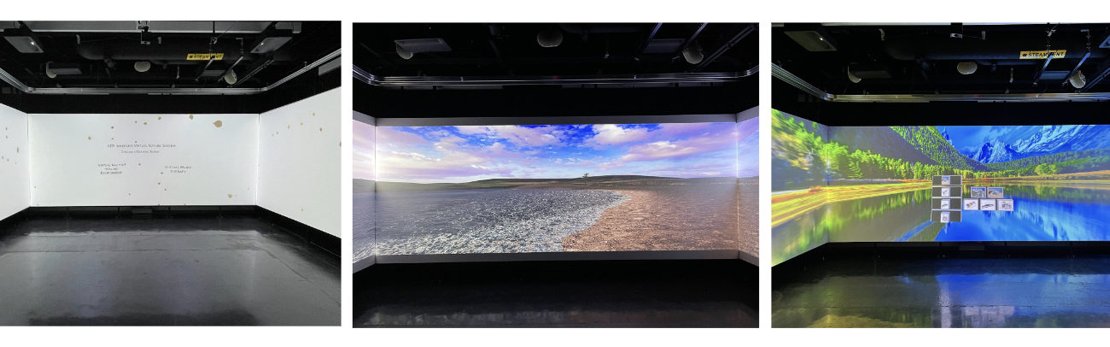 Projections of the main menu, Virtual Nature Healing Environment and Virtual Music Therapy in the Blank Lab.