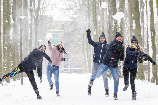 Five people throwing snow balls
