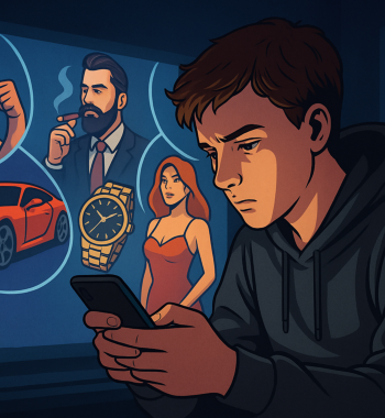 Jongere kijkt op smartphone terwijl online beelden van luxe en mannelijkheid op scherm verschijnen
