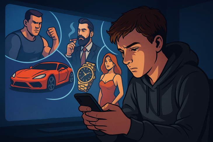 Jongere kijkt op smartphone terwijl online beelden van luxe en mannelijkheid op scherm verschijnen