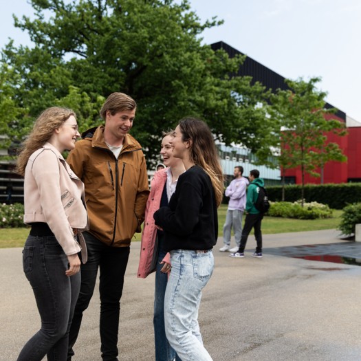 Studenten praten en lachen samen op de campus.