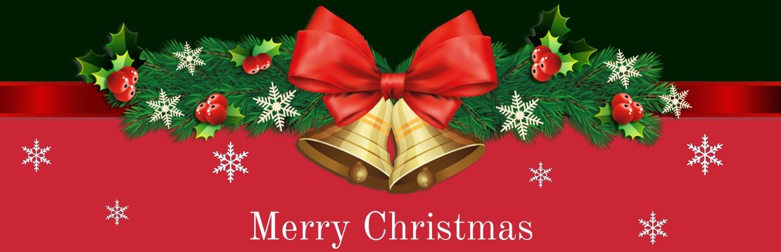 Kerstbanner met bellen aan strik op kersttak | Printsy.nl