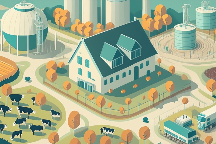 Een illustratie van een plattelandsboerderij met vee, mestbeheerfaciliteiten en biogasproductie-eenheden.