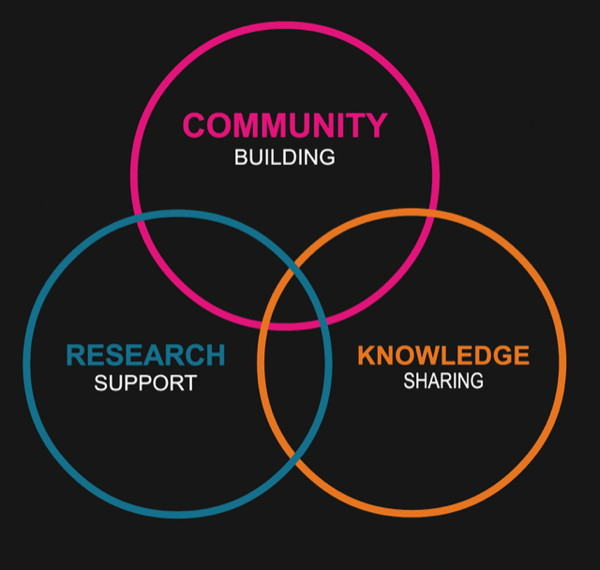 BDSi pillars: community building, Knowledge sharing and research support put in circles.