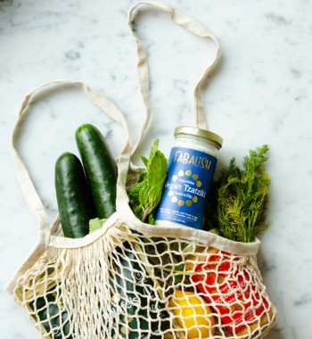 Groceries from the market in a reusable bag.