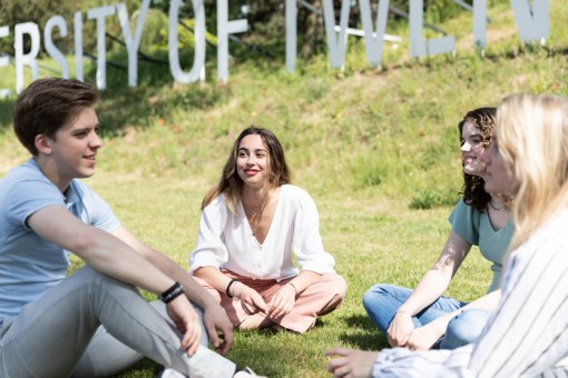 Four students sitting and hanging out in the grass on a sunny day.