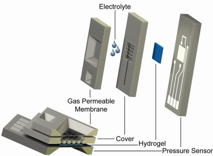 Exploded view and cross-section of the hydrogel-based CO2 sensor