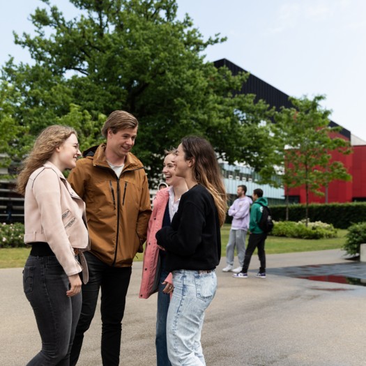 Students talking and laughing together on campus.