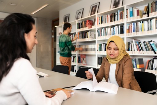 Two students studying in the library together.