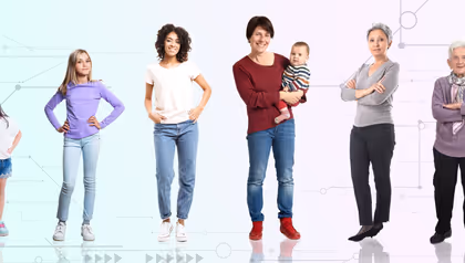 6 women at different stages of their lives in a row